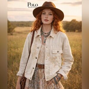 Polo Ralph Lauren Bohemian Embroidered Trucker Jacket Ecru Cotton Hemp L